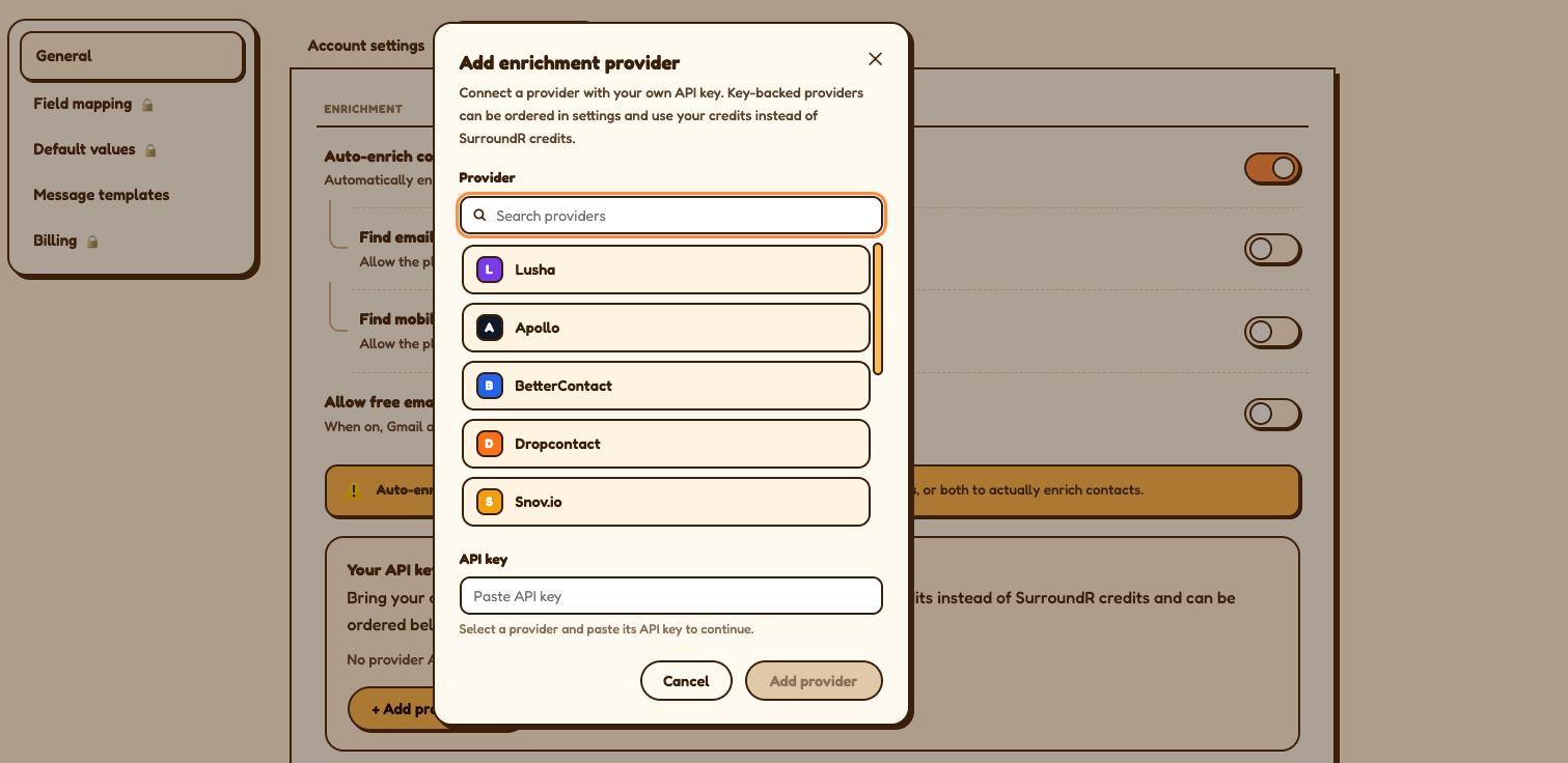 Enrichment providers with BYOK